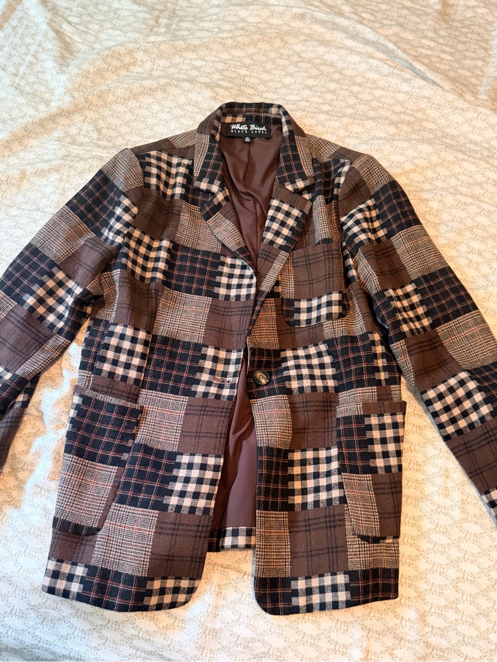 White Birch Patchwork Plaid Blazer - Neutral Brown & Black